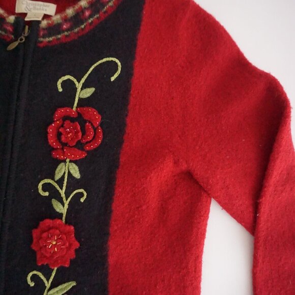 Vintage Christopher Banks Red Knit Floral Beaded 100% Wool Zip Up Sweater L - Picture 5 of 12